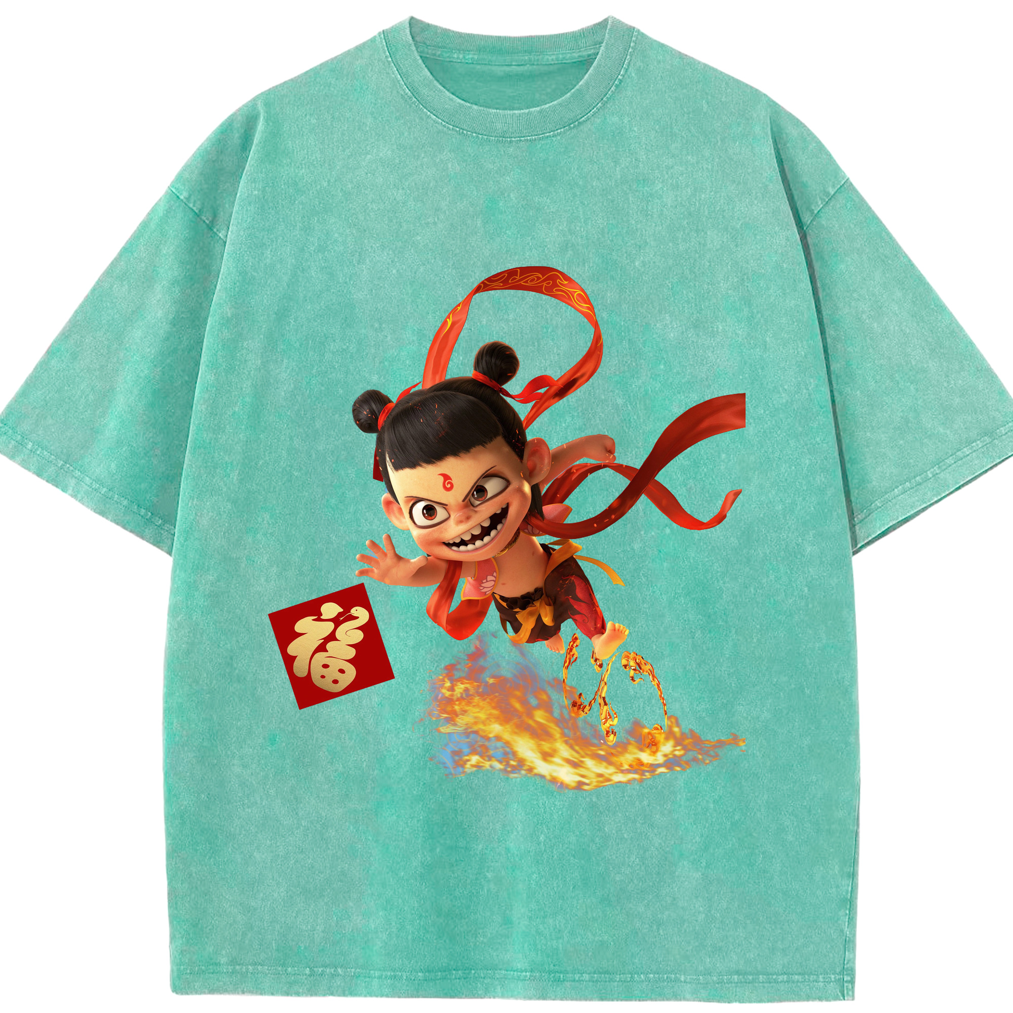 （画像用） Ne Zha 2 ナタ 魔童の大暴れ 綿100% ヴィンテージ風 半袖Tシャツ（フロントプリント）